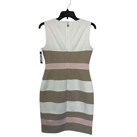 NWT TOMMY HILFIGER | Pink Beige Striped Scuba Sheath Dress 10 - Picture 3 of 11